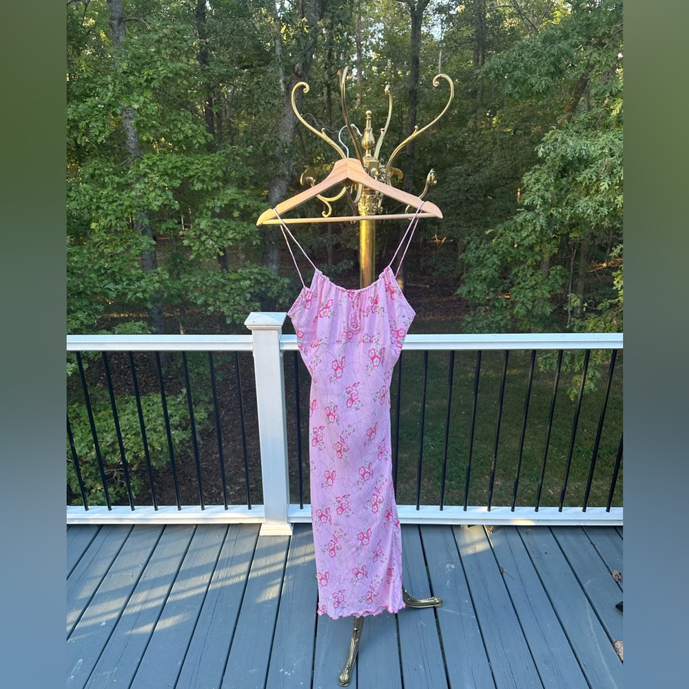 Vintage Charlotte Russe Pink Floral Y2K Dress Lettuce Hem Midi Medium - Picture 6 of 12